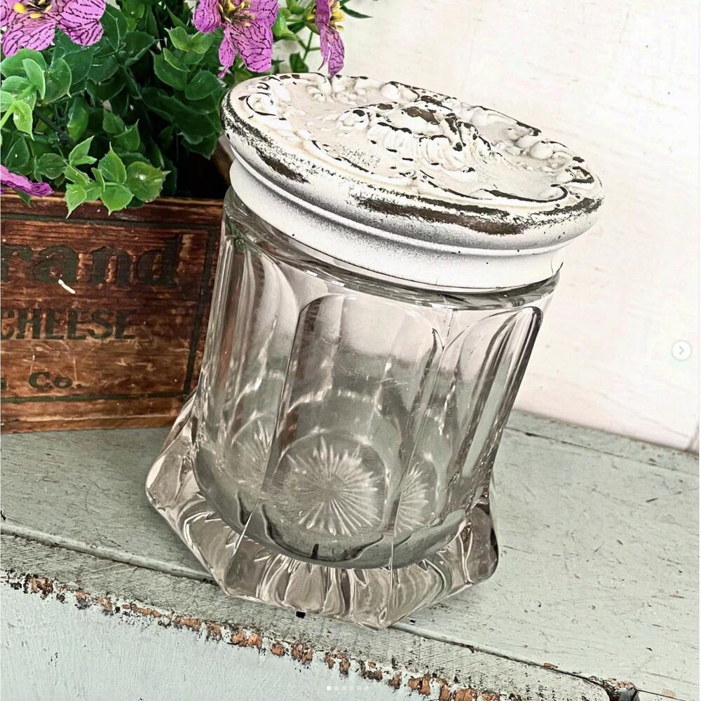 Vintage Art Nouveau Octagonal Cut Glass Cigar Tobacco Humidor Jar Brass Lid